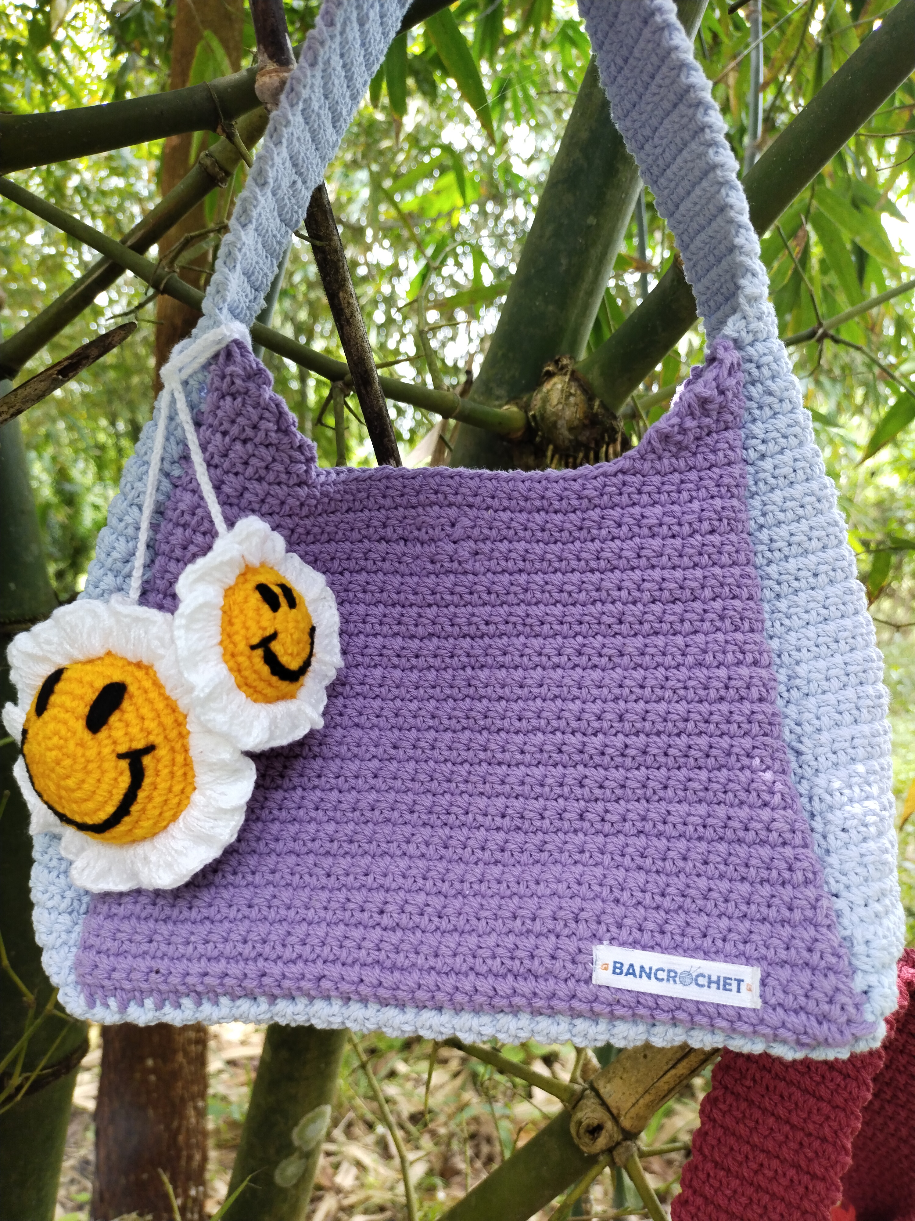 Bancrochet กระเป๋าถักโครเชต์ crochet bag ม่วง 8*5.5 สาย 7 inch