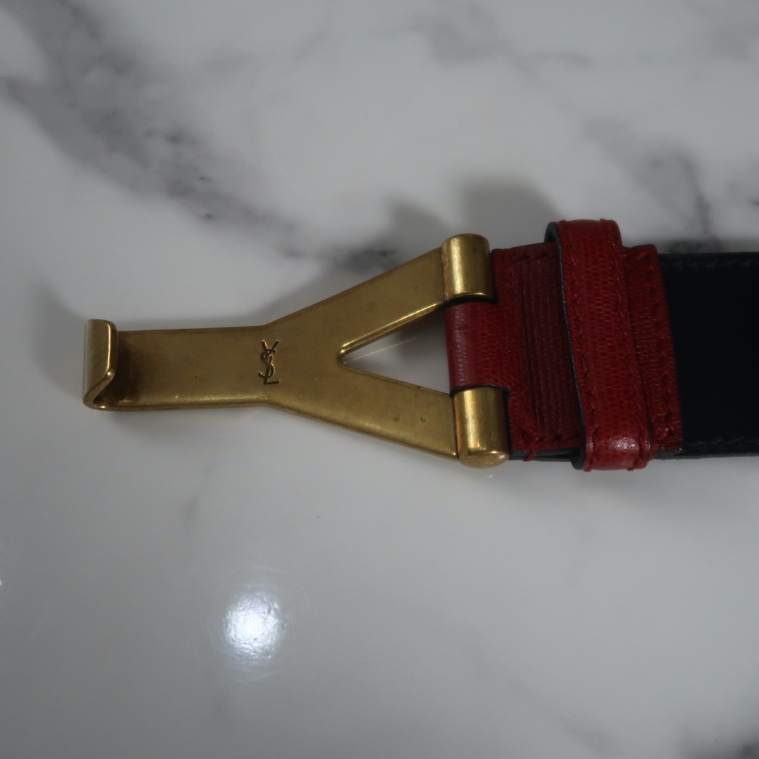 Saint Laurent Red Calf Leather Chyc Belt Size 85