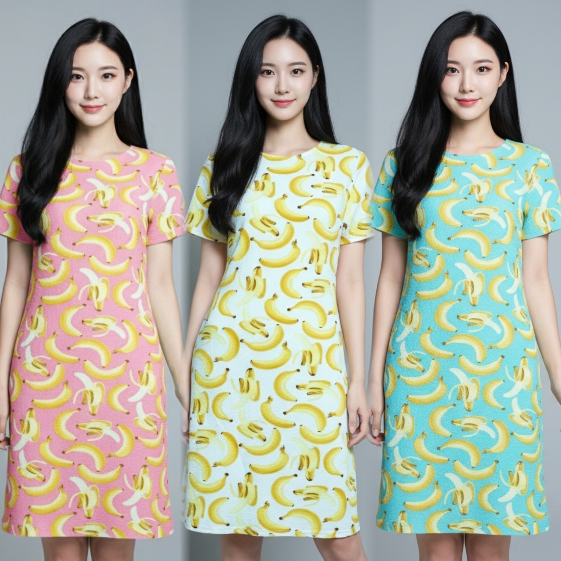 Dress3354 ชุดเดรสยาวทรงสวยลายกล้วย ผ้าวูลเวฟ(ผ้าหนังไก่)เนื้อดีนุ่มยืดขยายได้เยอะ งานน่ารักผ้านุ่มใส่สบาย มี 3 สี ขาว, เขียวพาสเทล, ชมพูพาสเทล