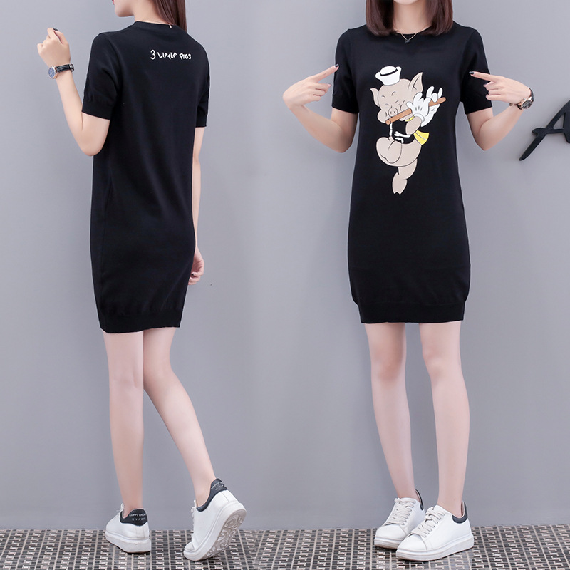 Dress4576 เดรสไหมพรมแขนสั้นสีพื้นดำแต่งลาย Pig ผ้าไหมพรมถักเนื้อนุ่มยืดหยุ่นสูงเนื้อหนาปานกลางใส่ได้ทุกฤดูกาล งานสวยใส่ง่ายน่ารักมาก