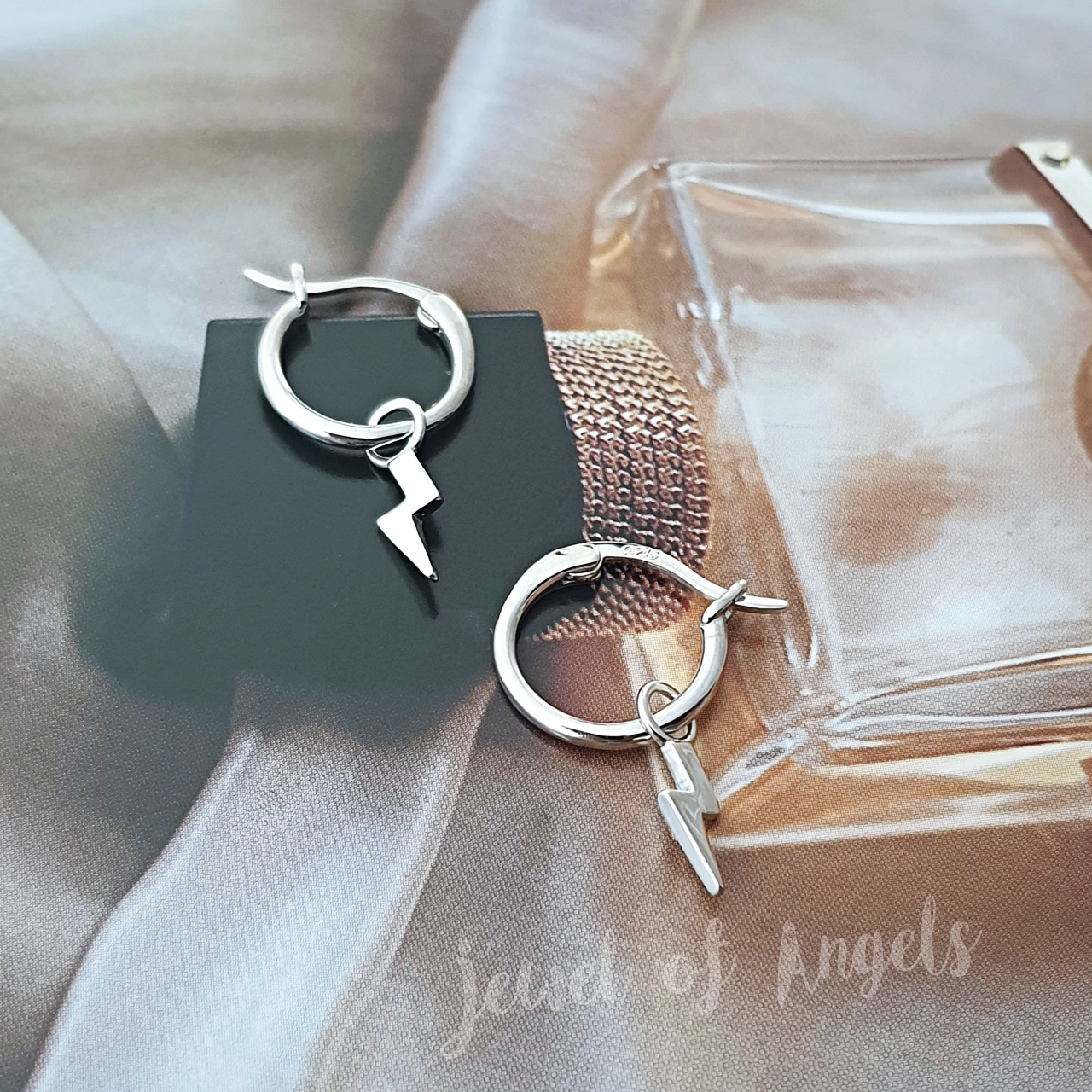 ต่างหูเงินแท้S925 รุ่น Storm ต่างหูห่วงก้านสับแต่งสายฟ้า สูง12.8mm ตุ้มหูเงินแท้ทั้งชิ้น Silver925