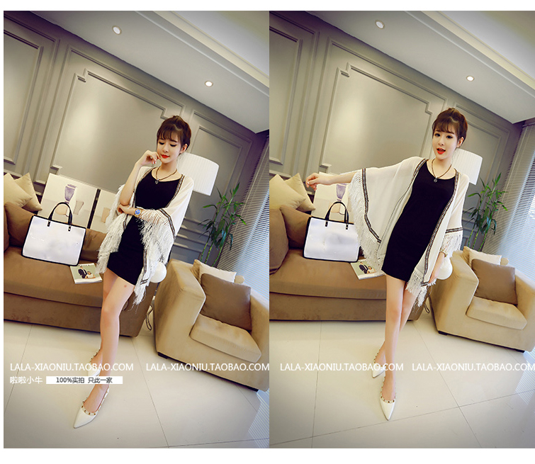 หน้าร้อนนี้ห้ามพลาด เสื้อคลุมแฟชั่น ผ้าชีฟอง สีขาว/สีดำ แต่งลายปักและริ้วที่ชายเสื้อ ใส่คลุมเก๋ๆ ใส่สบาย พร้อมส่งจ้า