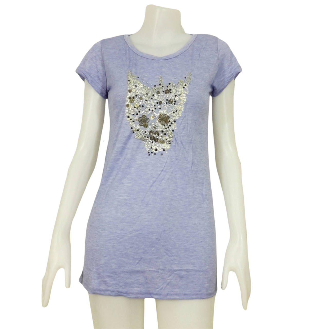 Blouse3214 เสื้อยืดแฟชั่น คอกลม แขนสั้น ผ้าคอตตอนเนื้อนิ่มแต่งหมุด สีฟ้าคราม