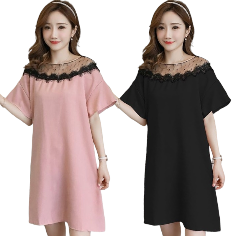 Dress4362 เดรสไซส์ใหญ่ทรงปล่อยอกลูกไม้ ผ้าโพลีเนื้อดีมีน้ำหนักทิ้งตัว งานดีทรงดี เนื้อผ้าใส่สบาย ทรงนี้ใส่ได้เรื่อยๆ มี 2 สี ดำ, ชมพู