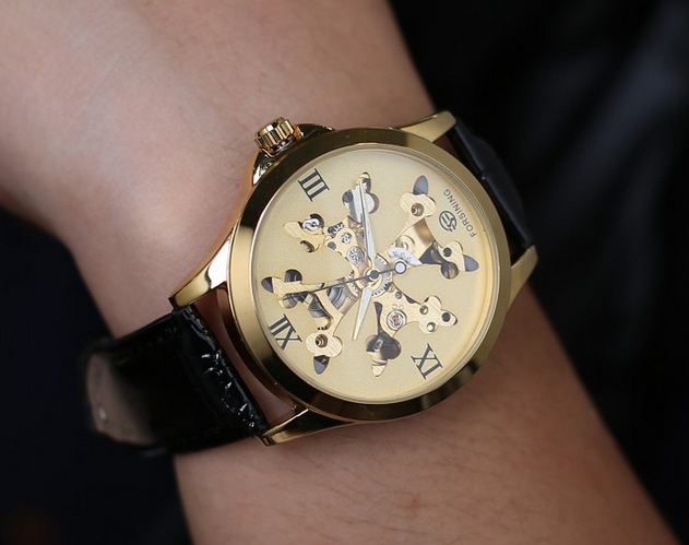นาฬิกาข้อมือ โชว์กลไก Mechanical watch สไตล์ ทหาร อเมริกัน สไนเปอร์ ดีไซน์ ลายพราง 2 สี หน้าปัดทอง และ ดำ สายหนัง สุดคลาสสิค 431673