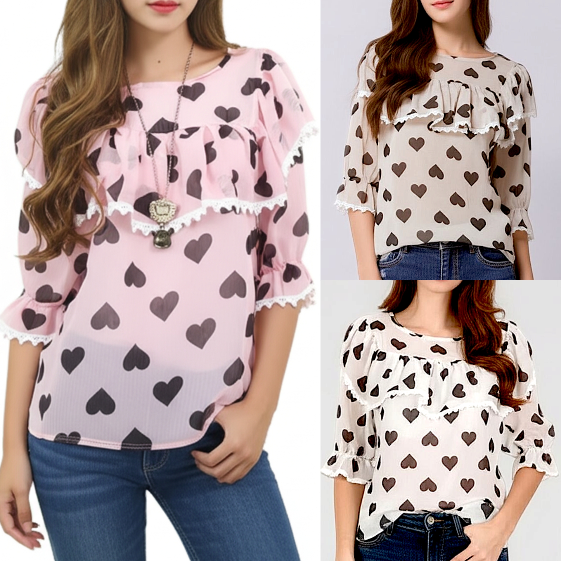 💖 Blouse4019 เสื้อชีฟองลายหัวใจ แต่งระบายที่อก เพิ่มความหวานแบบคิ้วท์ๆ แขนสามส่วนดึงยาง ใส่สบาย ไม่อึดอัด