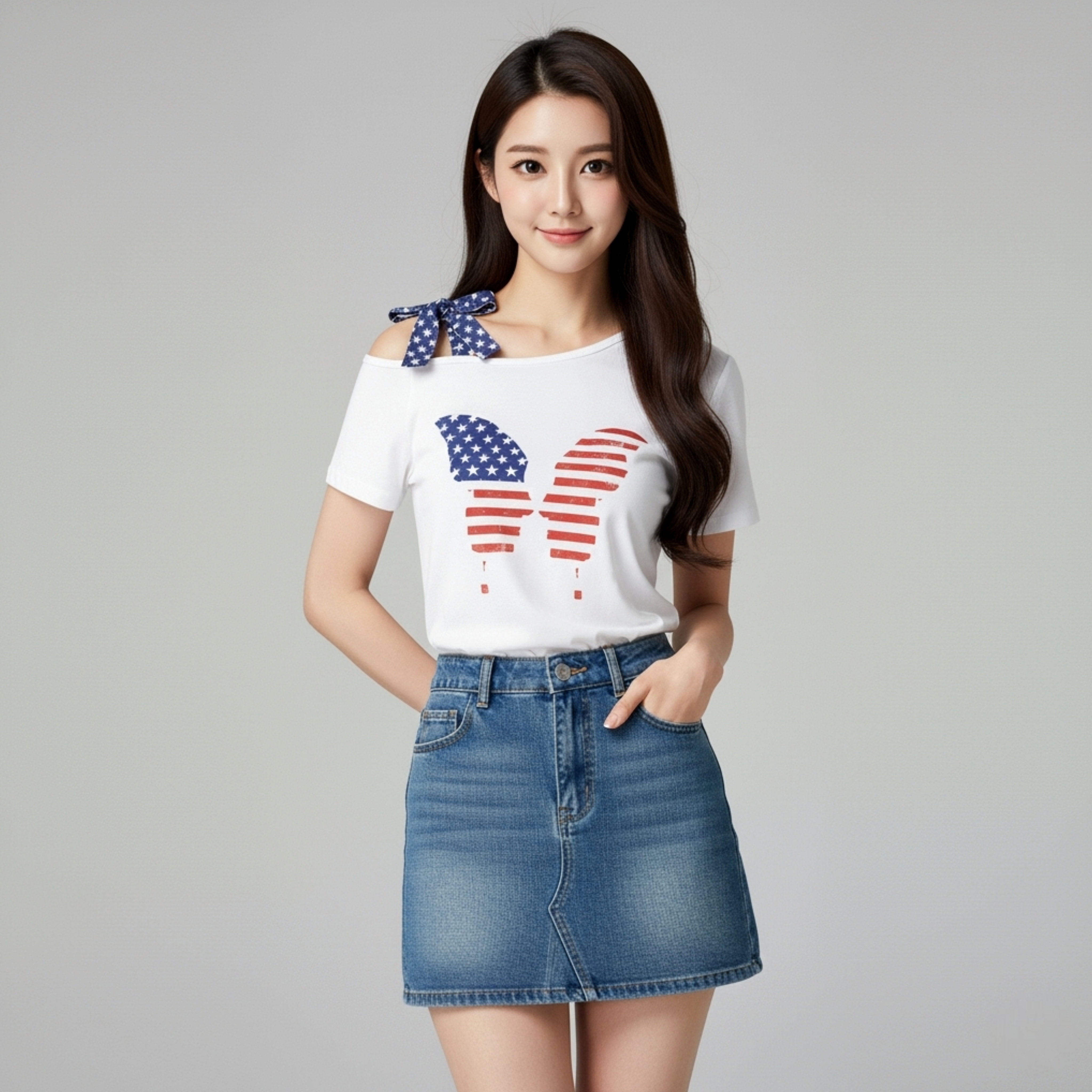 🎀 Blouse3986 เสื้อยืดเปิดไหล่ข้างเดียวสีขาว ผ้าคอตตอนซอฟท์นุ่มใส่สบาย ดีไซน์โบว์ผูกและลายผีเสื้อเพิ่มเสน่ห์ดูน่ารักสดใสแมทช์ง่าย