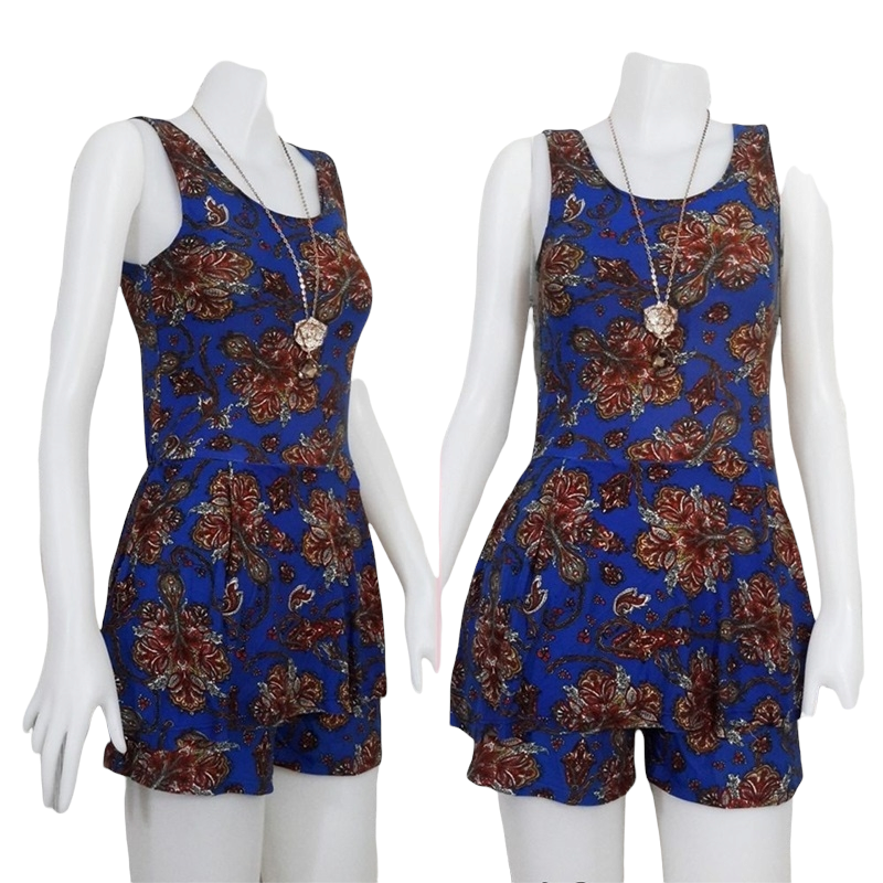 Jumpsuit442 จัมพ์สูทแฟชั่นกางเกงกระโปรง ผ้ายืดเนื้อดีลายไทยวินเทจ แขนกุด ผูกโบว์หลัง โทนสีน้ำเงิน