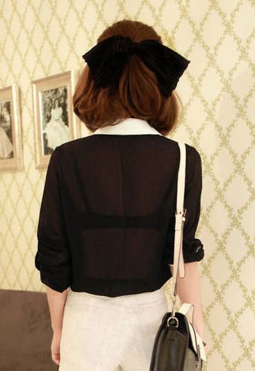 เสื้อเชิ้ต แขนสามส่วน เสื้อคอปก ผ้าชีฟอง แต่งสลับสี กับตัวเสื้อ เสื้อใส่เที่ยว ใส่ทำงาน ก็สวยเก๋ ค่ะ สีดำปกขาว no 743723_1