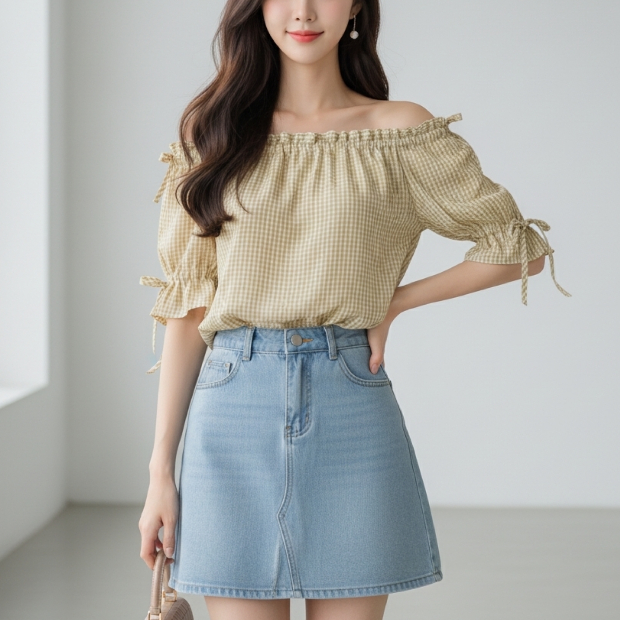 Blouse3904 เสื้อเปิดไหล่ลายสก็อตโทนสีเหลืองมัสตาร์ด แต่งเชือกรูด แขนทรงปล่อย สามารถใส่เปิดไหล่หรือเกาะไหล่ก็ได้ ผ้าโพลีเนื้อดีนุ่มใส่สบาย