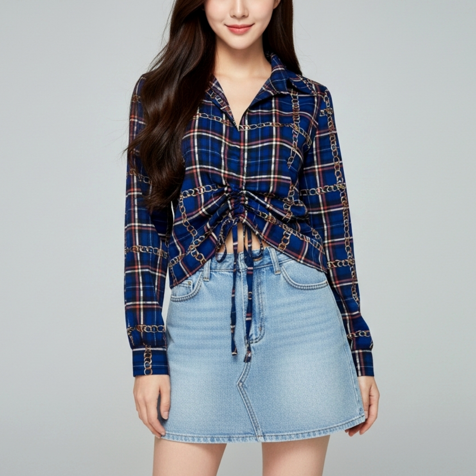 👚 Blouse3951-Blue เสื้อเชิ้ตแขนยาวลายสก็อตโทนสีน้ำเงินผ้าชีฟองเนื้อหนา ดีไซน์ผูกเชือกรูดหน้าเก๋ ทรงดูดีสไตล์พรีเมียม ใส่ง่ายได้ทุกโอกาส