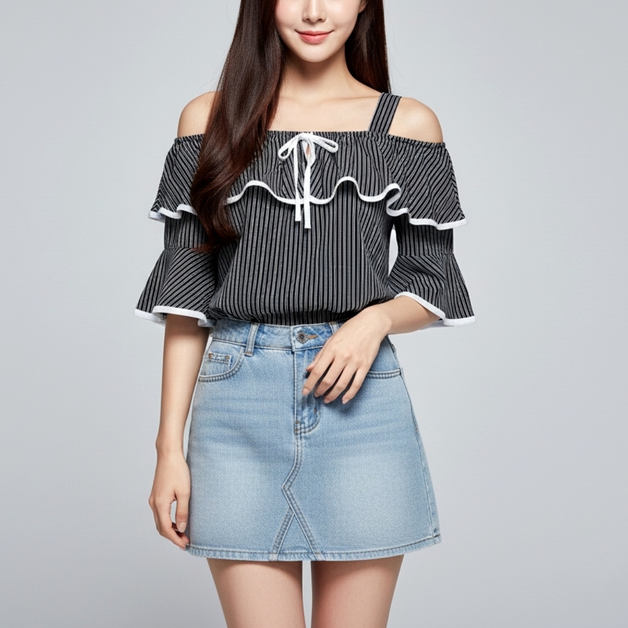 🎀 Blouse3681 เสื้อเปิดไหล่ผ้าชีฟองลายริ้ว แต่งระบายรอบตัว พร้อมโบว์ผูกอกสุดน่ารัก หวานเบาๆ แต่สวยจัดเต็ม