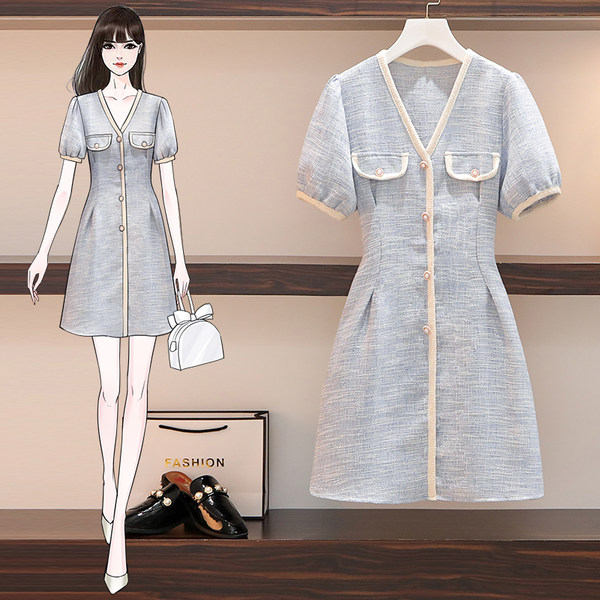 เดรสคนอ้วน เดรสสาวอวบ ชุดเดรสคนอ้วนวัยรุ่น เดรสแขนสั้นสีฟ้าอ่อน BY PLUS SIZE Girl