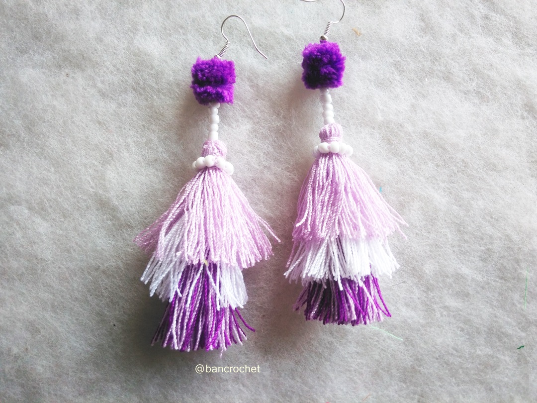 ต่างหูถักโครเชต์ crochet earrings สีม่วง 5 นิ้ว