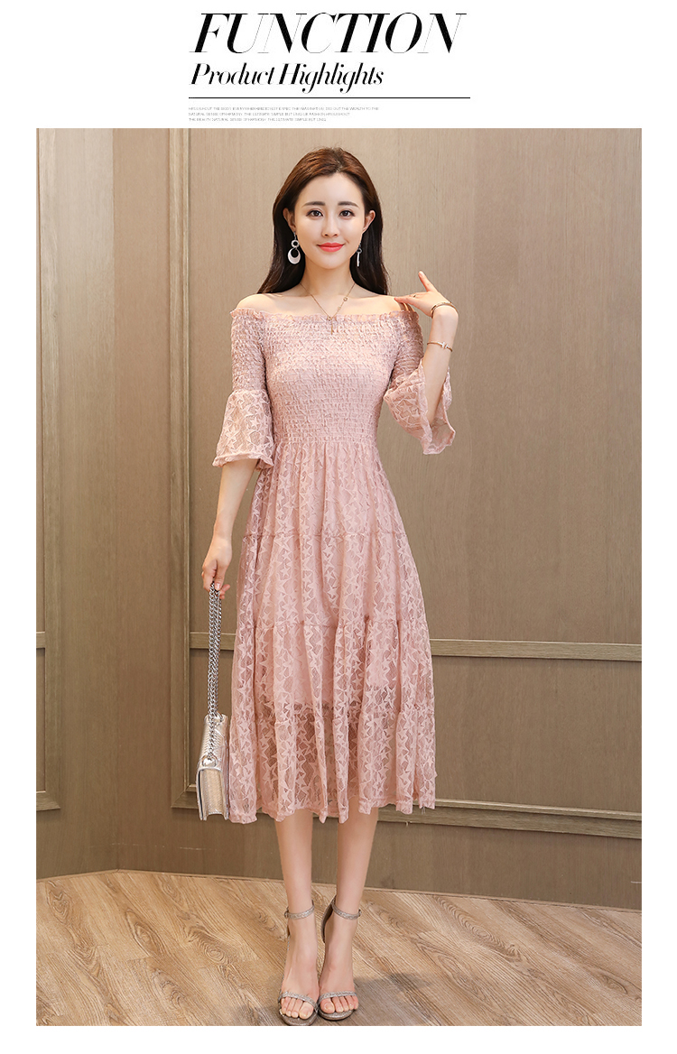 Dress4381 เดรสยาวลูกไม้เปิดไหล่สม็อครอบอก ผ้าลูกไม้ลายดาววิ้งๆ งานดีทรงสวยหรูดูแพง