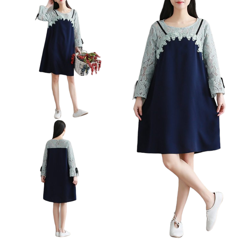 Dress4452 เดรสไซส์ใหญ่ทรงปล่อยอกลูกไม้สีกรมท่า แขนยาวแต่งระบาย ผ้าคอตตอนสแปนเด็กซ์เนื้อดีมีน้ำหนักทิ้งตัวยืดขยายได้ งานดีทรงดีสวยเรียบหรู ใส่เที่ยว/ใส่ทำงานได้