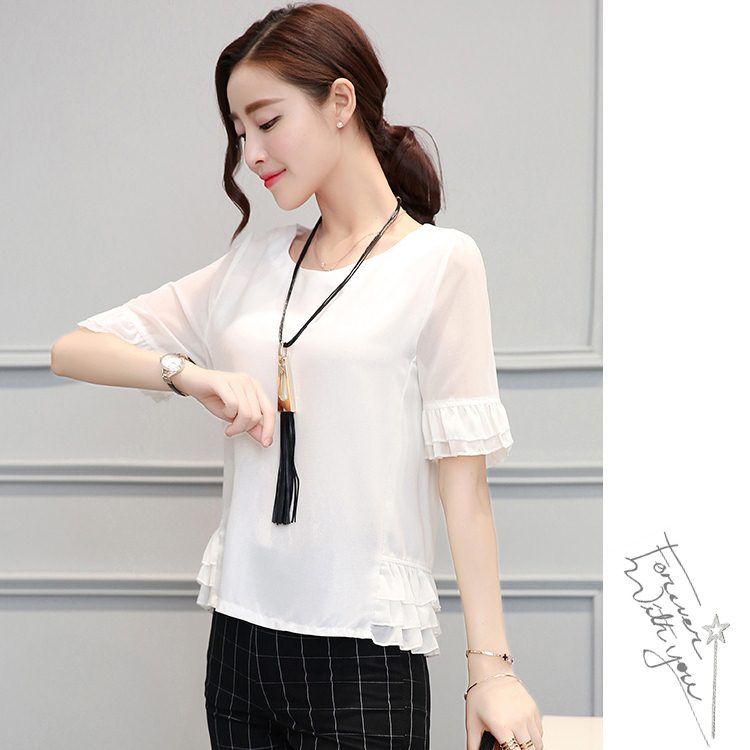 Blouse3711 เสื้อแขนระบายผ้าชีฟองเกรดพรีเมียมเนื้อหนาสวยมีน้ำหนักทิ้งตัวมีซับในอย่างดี งานสวยแมทช์กับกระโปรงหรือกางเกงได้หลายสไตล์ ใส่ทำงานได้ มี 2 สี ขาวครีม, ชมพู