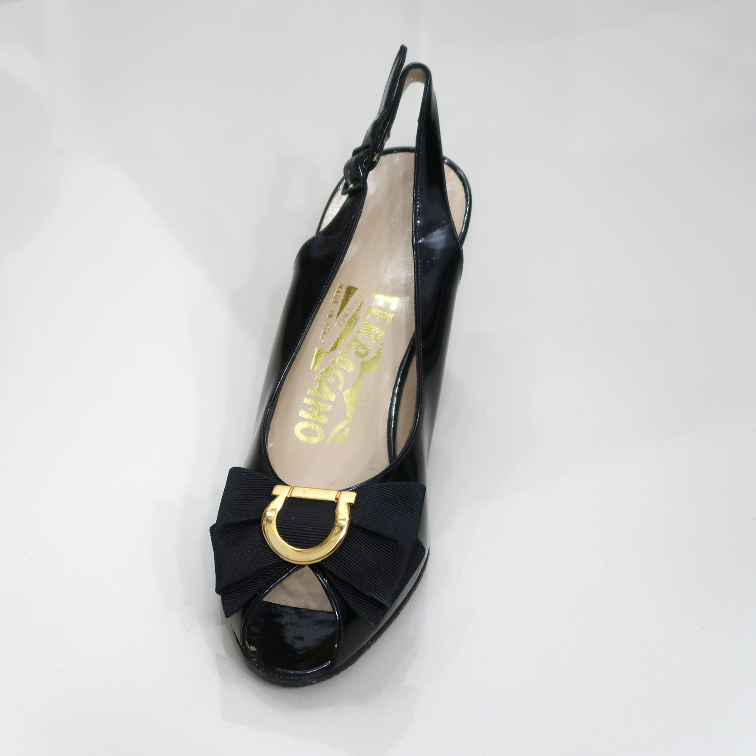 Salvatore Ferragamo Black Patent Leather Bow Sling Back Pumps Size 6.5