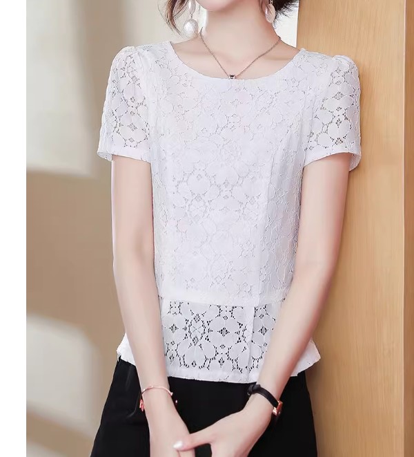 เสื้อผ้าลูกไม้ แขนสั้น สีขาวดำ ลายดอกไม้ ใส่สบาย มีซับใน เสื้อลูกไม้ ใส่เที่ยว แบบสาวไทย 106189
