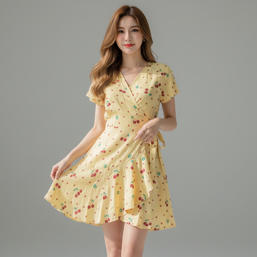 💛 Dress4671 เดรสลายเชอรี่คอวีป้าย ผ้าชีฟองเนื้อทรายโทนเหลืองพาสเทล ใส่แล้วหวานเก๋ ดูดีทุกมุม