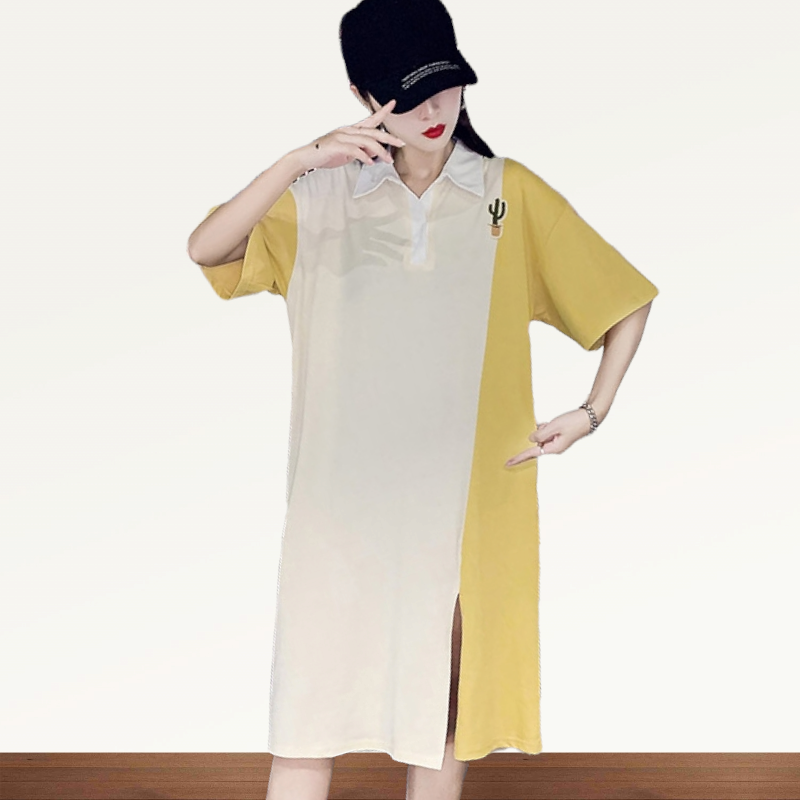 Dress4519 เดรสทรงโอเวอร์ไซส์เดรสสาวอวบคอปกสีเหลืองครีม อกปักกระบองเพชร ผ้าคอตตอนเนื้อดีนุ่มยืดหยุ่นสูงใส่สบาย ผ่าหน้าเล็กน้อยเพื่อความคล่องตัว งานสวยใส่ง่ายน่ารักมาก