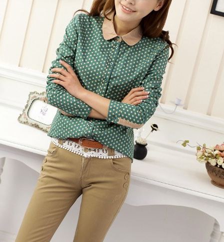 เสื้อเชิ้ตผู้หญิง ลายจุด คอปก แขนยาว แบบเก๋ สุด ๆ สี เขียว no 56642