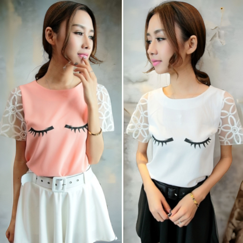 Blouse3689 เสื้อแฟชั่นผ้าชีฟองสีพื้นอกแต่งลายขนตา แขนผ้าแก้วปักลายลูกไม้ งานน่ารักเก๋ๆ ดูดีแมทช์ง่าย ใส่กับอะไรก็สวย