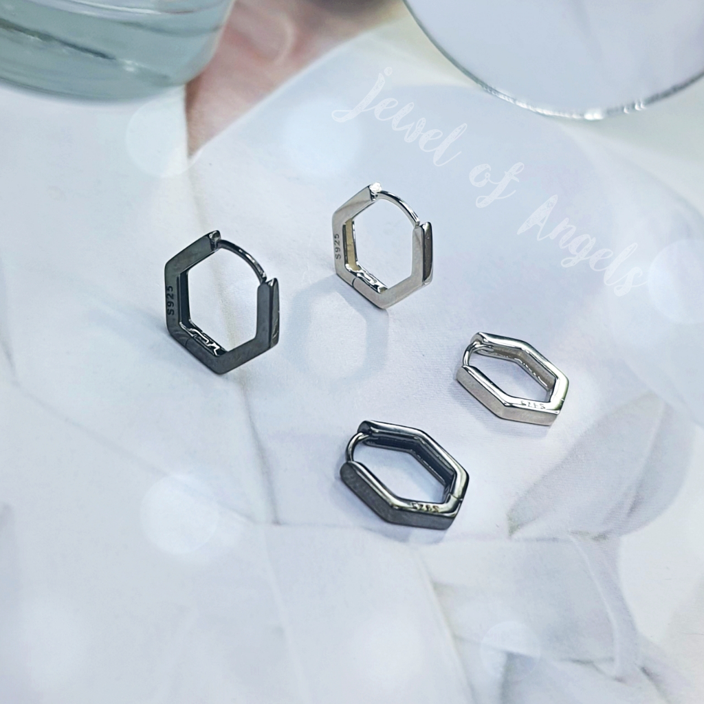 ต่างหูห่วงเงินแท้ S925 รุ่น Hexagon ห่วงหกเหลี่ยม มินิมอล สีเงิน สีดำ ตุ้มหูห่วง เงินแท้ทั้งชิ้น Silver925