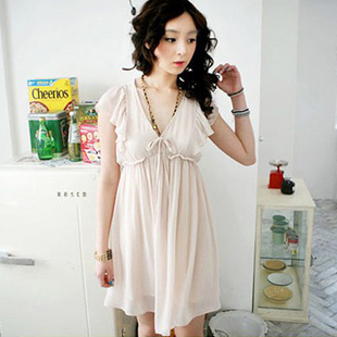พร้อมส่ง - เดรสชีฟอง ผ้านิ่มใส่สบาย น่ารัก มีซับใน คุณภาพดีมาก Apricot Apricot free size