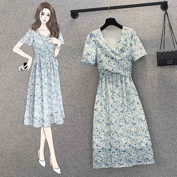 เดรสคนอ้วน เดรสสาวอวบ ชุดเดรสคนอ้วนวัยรุ่น เดรสชีฟองสีฟ้า BY PLUS SIZE Girl