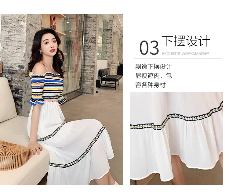Dress4586 เดรสยาวเปิดไหล่สม็อครอบอกและเอว ช่วงบนผ้าคอตตอนลายริ้วโทนสีคัลเลอร์ฟูล ตัดต่อกระโปรงชีฟองเนื้อดีหนามีน้ำหนักสีขาวตกแต่งด้วยแถบเส้นลายกราฟฟิคดูมีดีเทล มีซับในอย่างดี งานเกรดพรีเมียมดูสวยแพง