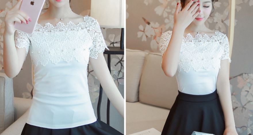 เสื้อลูกไม้ แขนสั้น เสื้อคอปาด แบบสวย แบบไทย ๆ เสื้อลูกไม้ ลุ๊ค คุณหนู แต่งมุก สวย เก๋ ใส่ทำงาน อยู่บ้านได้หมด 695457