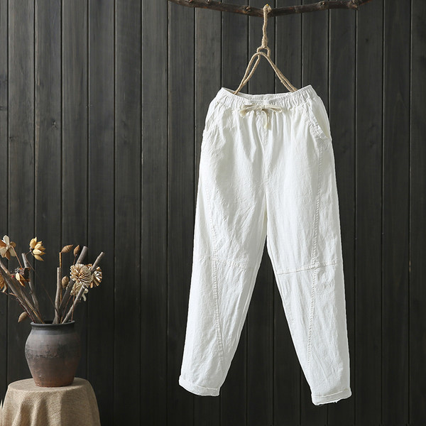 กางเกงผ้าลินิน กางเกงขายาว กางเกงผ้าลินินญี่ปุ่น กางเกงผ้าลินิน เอว ยางยืด By LZcotton and linen