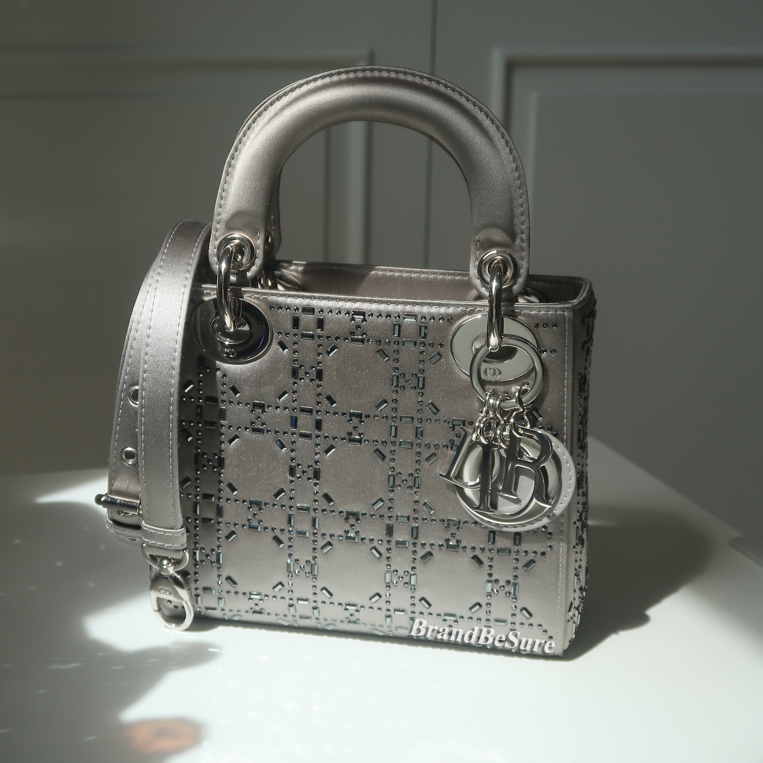 Christian Dior Grey Strass Cannage Satin Mini Lady Dior SHW