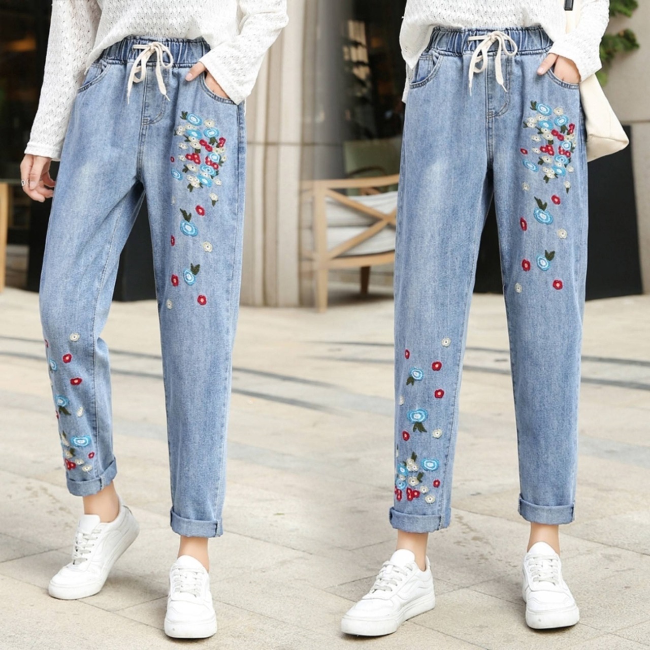 Jeans330 กางเกงยีนส์ขายาวเอวยืดทรงบอยปักลายดอกไม้สไตล์เกาหลี แฟชั่นนำเข้าเกรดพรีเมียม ผ้ายีนส์แท้เนื้อดีสียีนส์อ่อน ยีนส์ฟอกไม่ยืด ผ้านุ่มน่าใส่ทรงสวยงานดี แมทช์กับอะไรก็เข้า