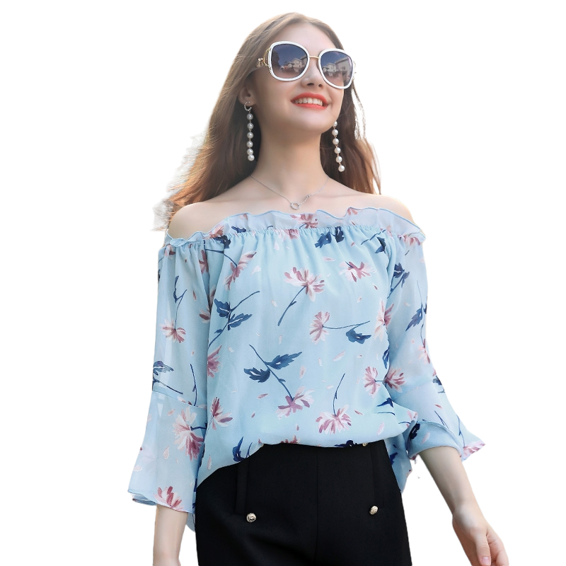 Blouse3756 เสื้อเปิดไหล่แขนระบาย ผ้าชีฟองเนื้อดีสีฟ้าลายดอกไม้ ผ้าเนื้อดีนุ่มใส่สบาย งานน่ารักแมทช์ง่าย ทรงนี้ใส่ได้เรื่อยๆ ใส่กับขาสั้นหรือขาสั้นก็น่ารักไม่แพ้กันจ้า