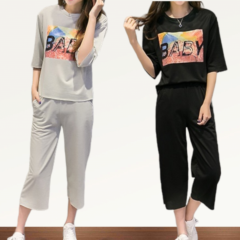 Set_bt1777 ชุดเซ็ท 2 ชิ้น(เสื้อ+กางเกง) เสื้อแขนยาวสี่ส่วนสกรีนลาย+กางเกงขายาวห้าส่วนเอวยืดกระเป๋าข้าง ผ้าคอตตอนเนื้อดีหนานุ่มยืดหยุ่นสูง งาน Set 2 ชิ้นเข้าชุด แบบน่ารักใส่เก๋ๆ ได้บ่อย