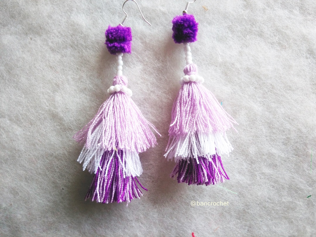 ต่างหูถักโครเชต์ crochet earrings สีม่วง 5 นิ้ว