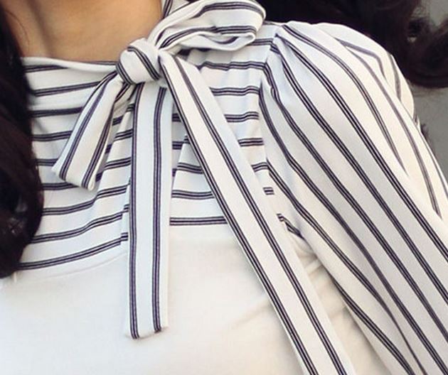 เสื้อแฟชั่น ผู้หญิง สีขาว เสื้อสีขาว แบบมีสไตล์ ผ้ายืด ใส่สบาย เสื้อแขนยาว ทรงแขนตุ๊กตา แต่โบว์ ที่คอ เก๋ ๆ เสื้อใส่ออกงาน สีขาวลายขวาง 287199_1