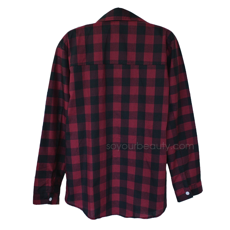 แฟชั่นเสื้อผ้า เสื้อเชิ้ตลายสก๊อตผู้หญิง ดำ-แดง