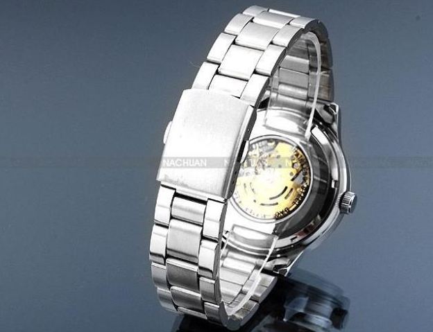 นาฬิกาข้อมือ โชว์กลไก Mechanical watch นาฬิกาข้อมือผู้ชาย สาย Stainless Steel หน้าปัดสีดำ กลไลสีทอง เรียบหรู ลายก้างปลา ของขวัญให้แฟน 673953_1