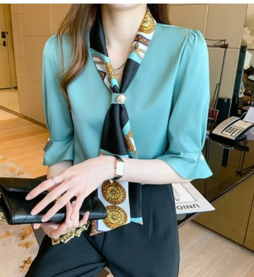 เสื้อเชิ้ตผู้หญิง แฟชั่น เสื้อเชิ้ต แขนยาว แบบมี ที่ผูก ตรงคอ แบบเก๋ ๆ เสื้อเชิ้ต สวย ๆ ใส่ทำงาน ออฟฟิต ใส่ present งาน 501138