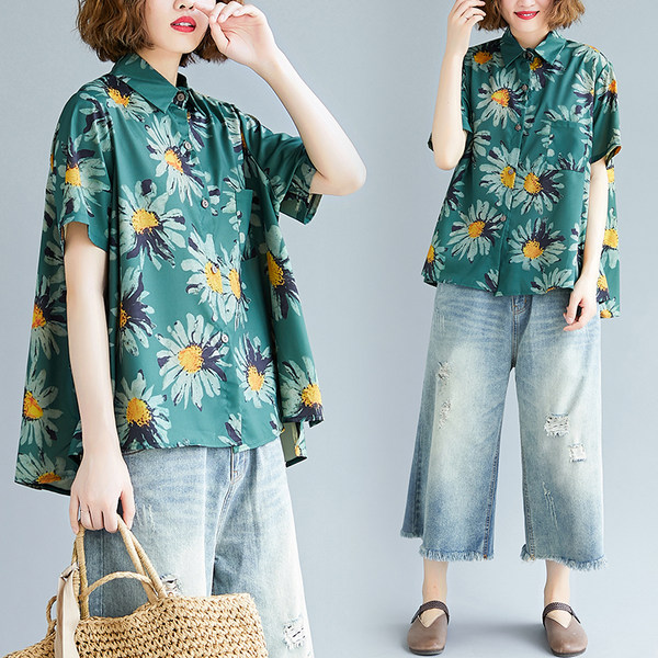 เสื้อทีเชิ้ตคนอ้วนผู้หญิงสไตล์คอตตอนลินินมีไซต์อก 47-48 นิ้ว