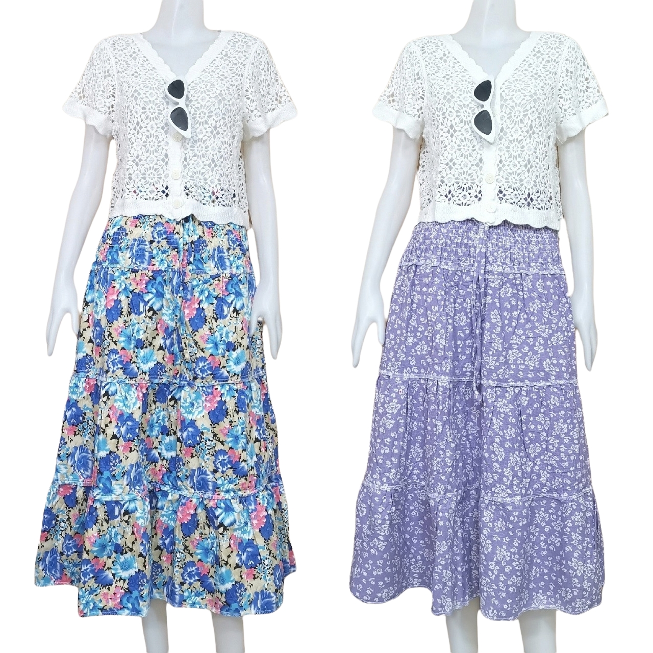Skirt403-406 กระโปรงยาวลายดอกไม้ เอวสม็อคยางยืด ผ้าคอตตอนยีนส์, ผ้าสกินนี่เนื้อดีมีน้ำหนัก งานสวยน่ารักทรงนี้มีติดตู้ไว้ใส่ได้เรื่อยๆ งานน่ารักแมทช์กับอะไรก็เข้า