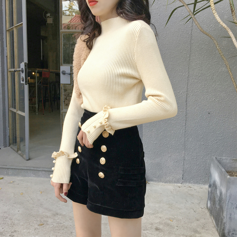 เสื้อสเวตเตอร์ ไหมพรมคอเต่า ลายทางในตัว ยืดได้เยอะ ผ้านุ่ม ครีม