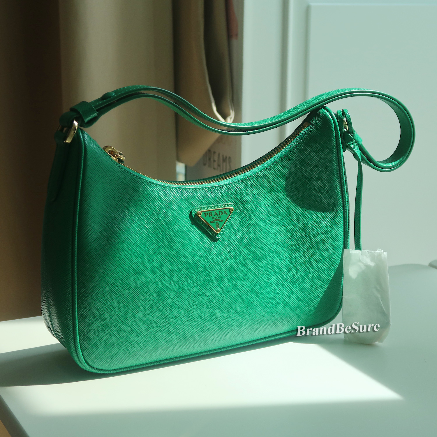 Prada Mango Green Saffiano Re-Edition Mini Hobo 1BC204 (2022)