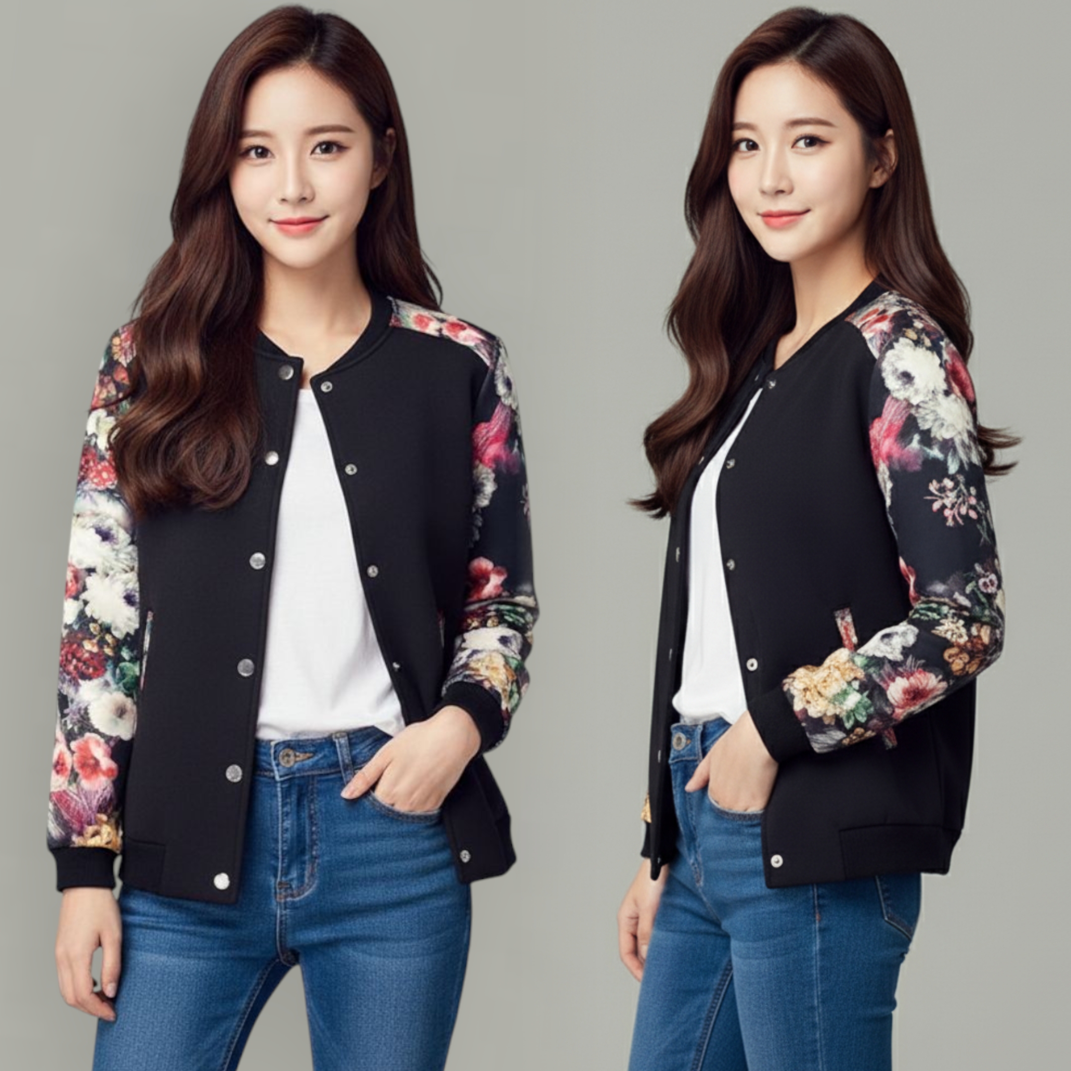 🌼🖤 Blouse3630 เสื้อคลุมแจ็กเก็ตสีดำแขนยาวลายดอกไม้สไตล์เกาหลี ลุคเท่และนุ่มนวลในเวลาเดียวกัน