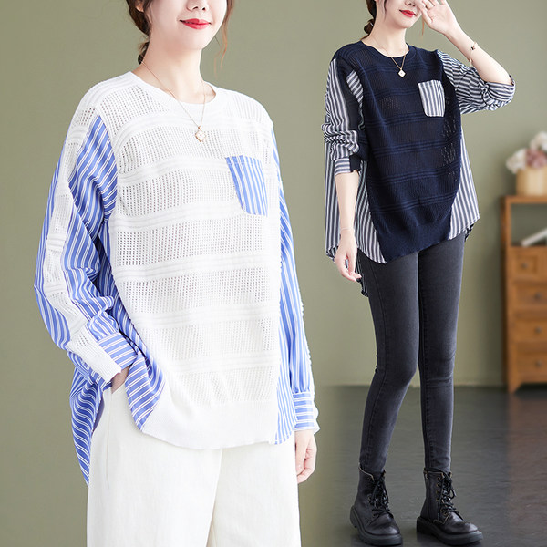 เสื้อทีเชิ้ตคนอ้วนผู้หญิงสไตล์คอตตอนลินินมีไซต์อก 47-48 นิ้ว