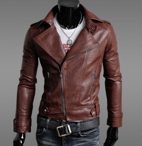 เสื้อ แจ็คเก็ตหนัง แบบ สลิม ฟิต Jacket ผู้ชาย แบบพอดีตัว เสื้อคลุมแขนยาวผู้ชาย เสื้อคลุมหนัง คอปก เปิด ซิปหน้า สีแดงกาแฟ 902206_3