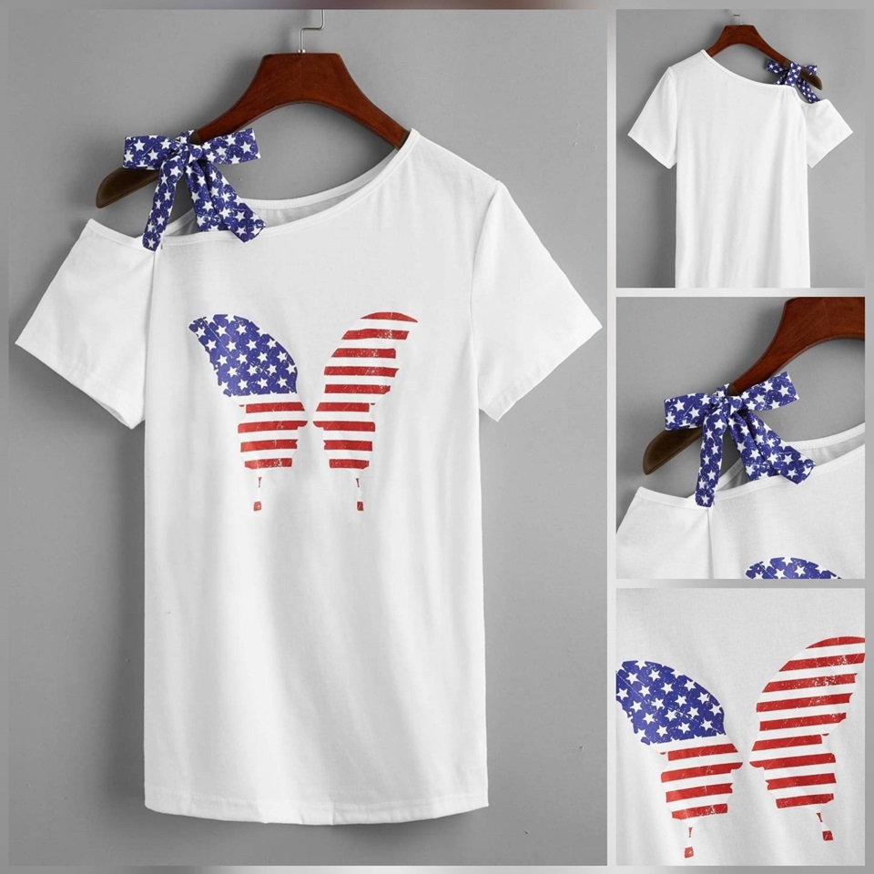 Blouse3986 เสื้อยืดเปิดไหล่ข้างเดียวสีขาวแต่งโบว์ผูกบ่าเพิ่มดีเทลความน่ารัก อกแต่งลายธงชาติ ผ้าคอตตอนซอฟท์เนื้อดีนุ่มมีน้ำหนักใส่สบาย งานดีผ้านุ่มน่าใส่ แมทช์กับขาสั้นหรือขายาวก็น่ารักไม่แพ้กัน